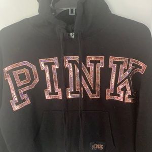Pink hoodie size small. Black w/rose gold bedazzle